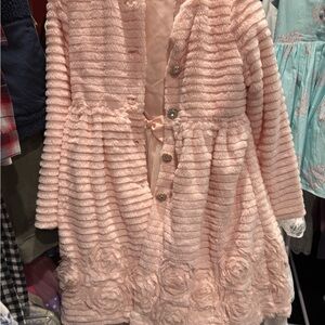 Girl’s Pink Dress Faux Fur Coat with Rhinestone Buttons